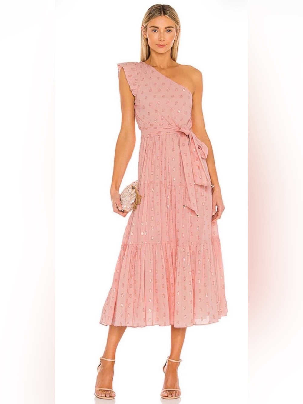 Karina Grimaldi Midi Dress Coral Pink One Shoulder Belted Polka Dot
